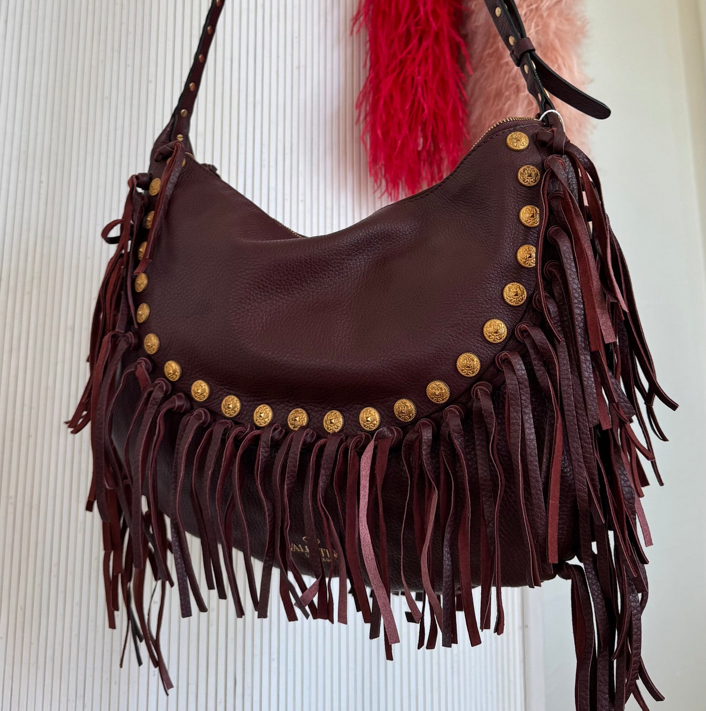 Valentino Garavani Burgundy & Gold Studded Fringe Satchel Bag