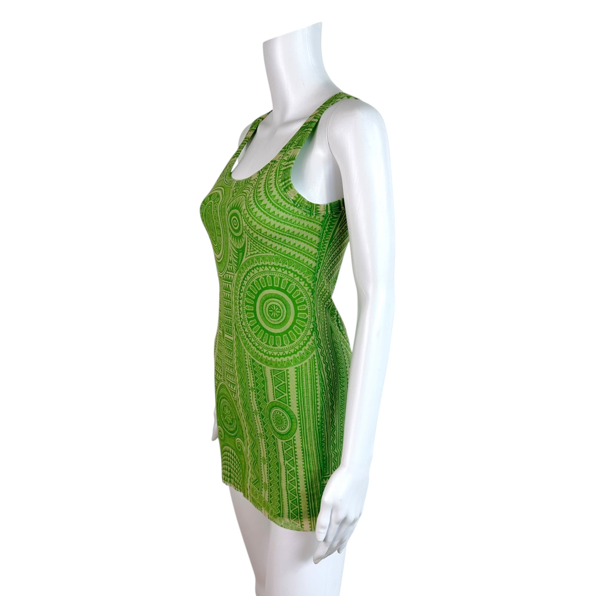 Jean Paul Gaultier Green Ivory Tribal Printed Mesh Tank Top