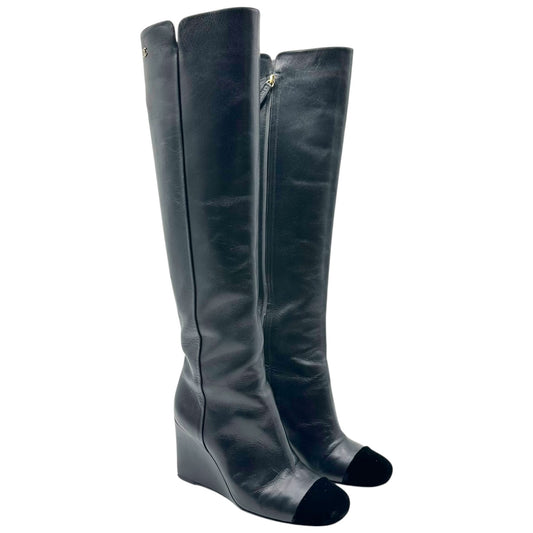 Chanel Black Leather Suede Knee High Wedge Boots