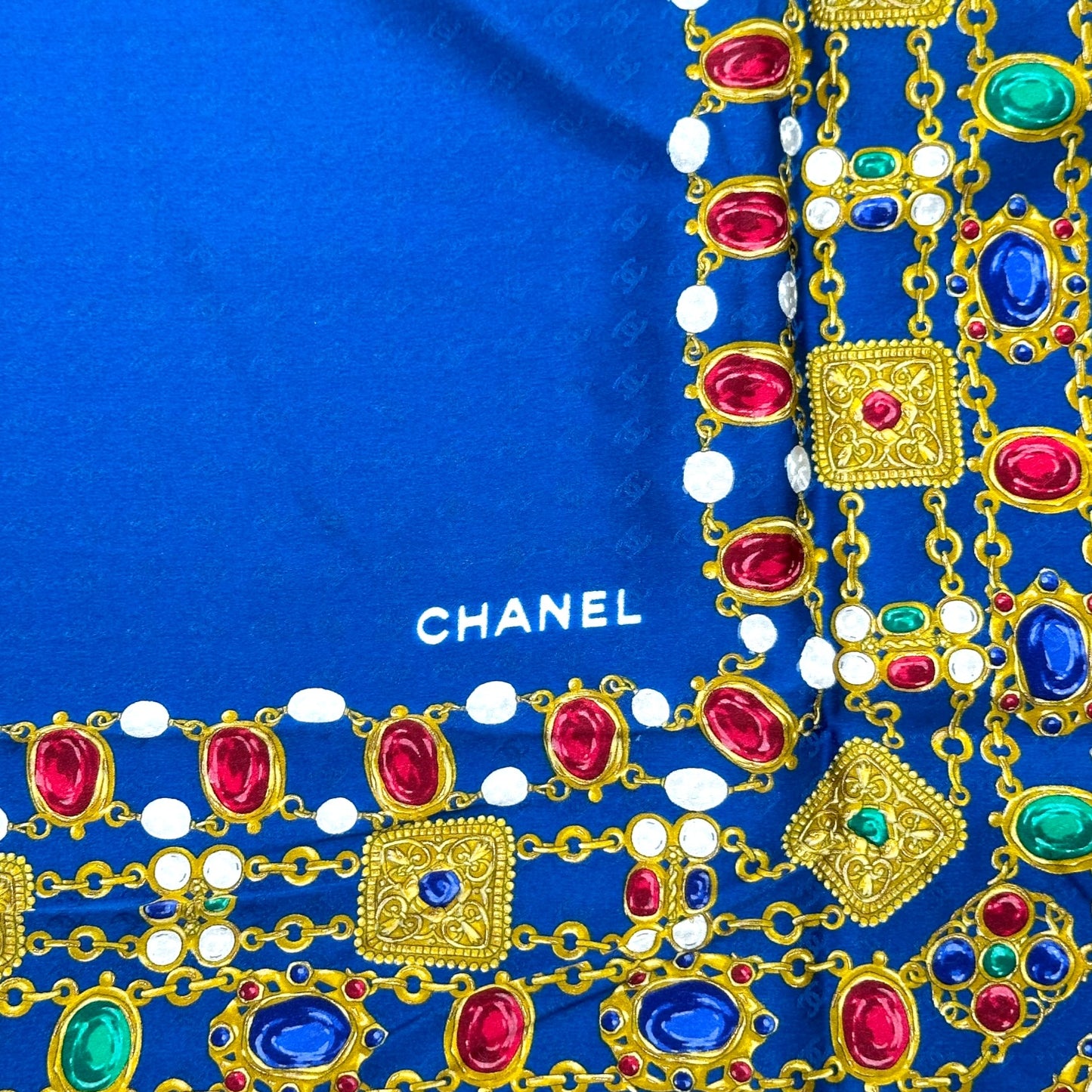 Chanel Silk Square Scarf Royal Blue Gold Jewelry Print