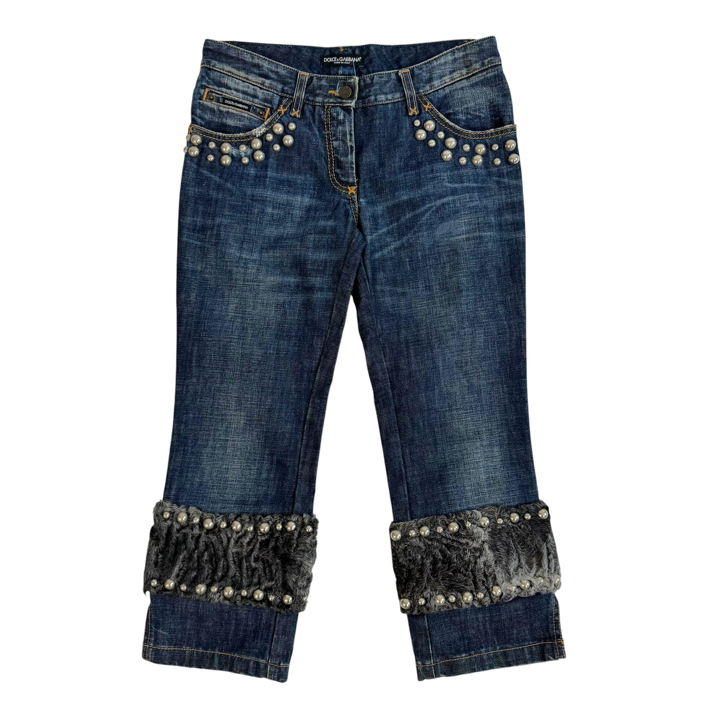 Dolce & Gabbana Denim Capri Pants Blue Fur Trim Studded