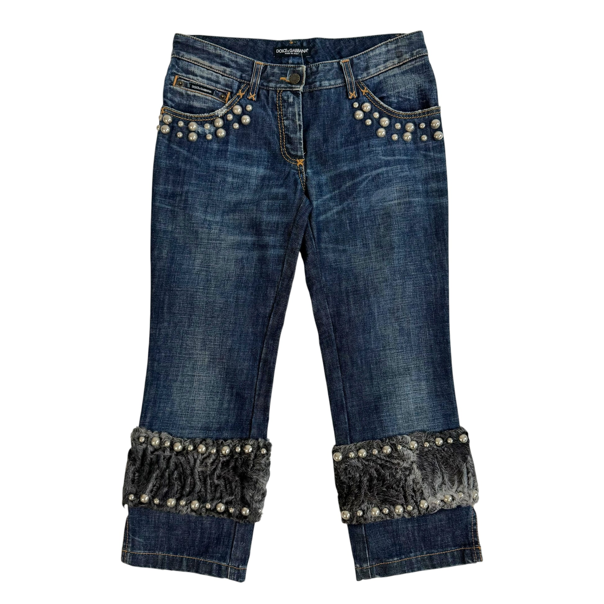 Dolce & Gabbana Denim Capri Pants Blue Fur Trim Studded