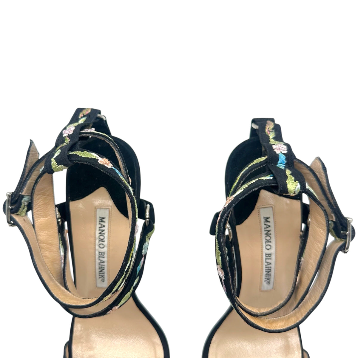 Manolo Blahnik Black Floral Embroidered Ankle Wrap Sandals