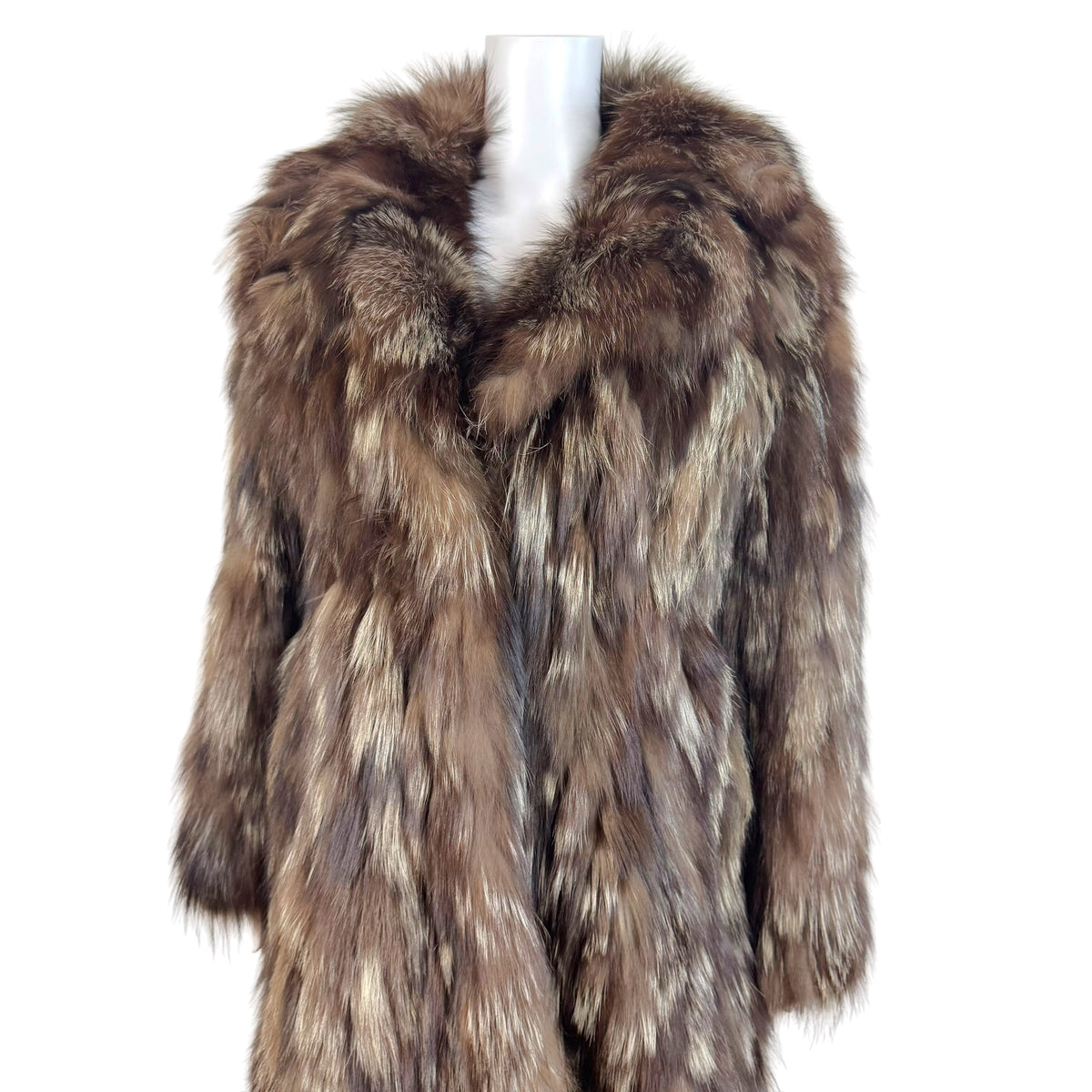 Brown Silver Fox Fur Mid-Length Coat 1990s Vintage XS
