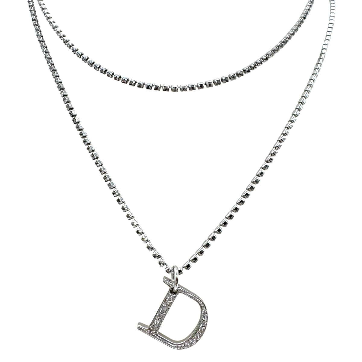 Christian Dior Silver Rhinestone Double Strand Logo Necklace