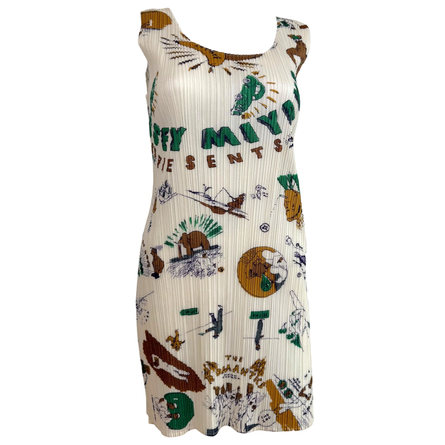 Issey Miyake Pleats Please x Terry Johnson White & Green Multicolor Doodle Print Pleated Mini Dress Sz 4