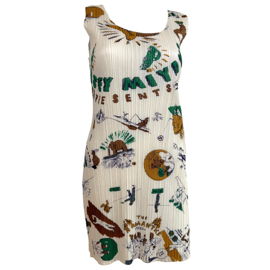 Issey Miyake Pleats Please Mini Dress White Green Doodle Print