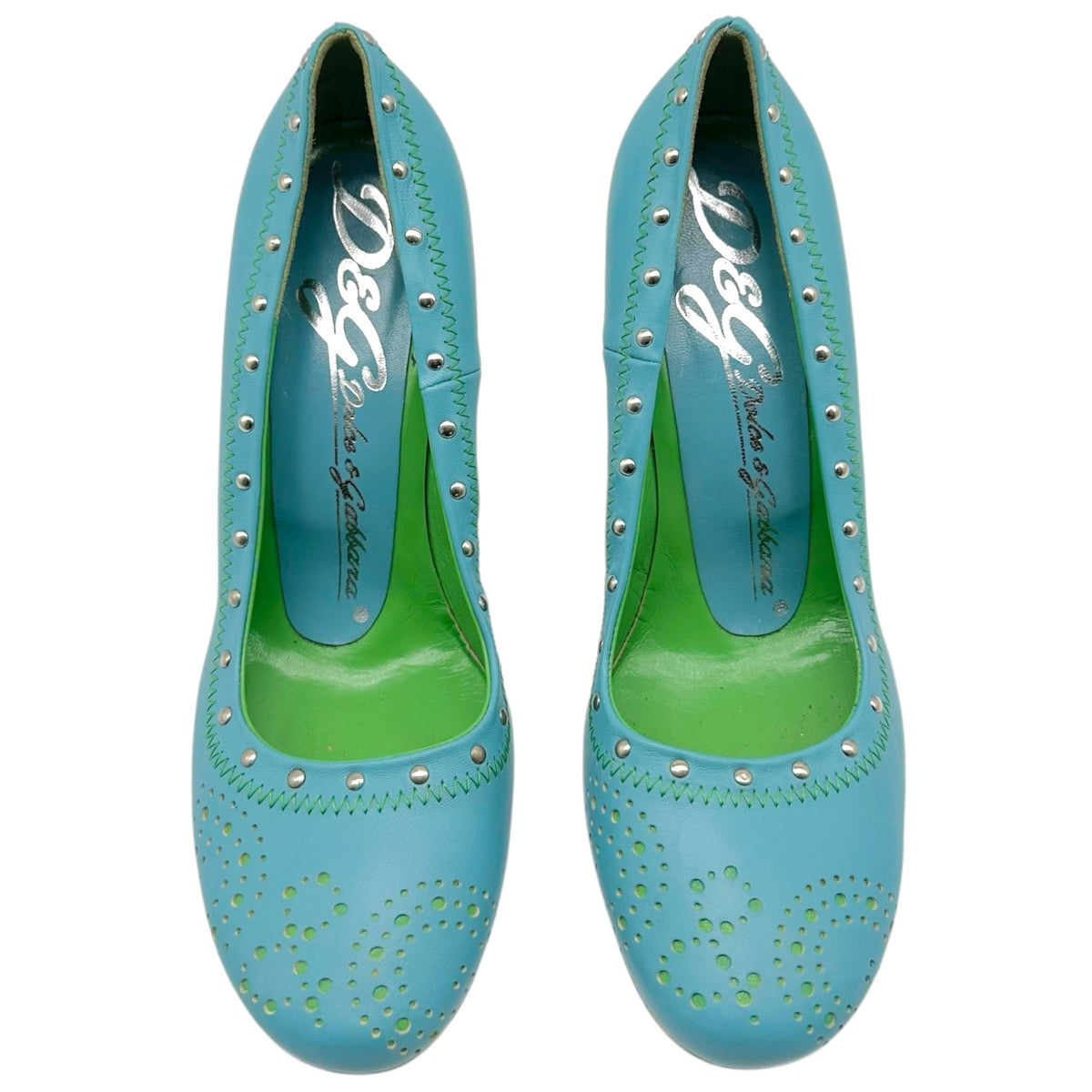 D&G Dolce & Gabbana Turquoise & Green Studded Logo Heels