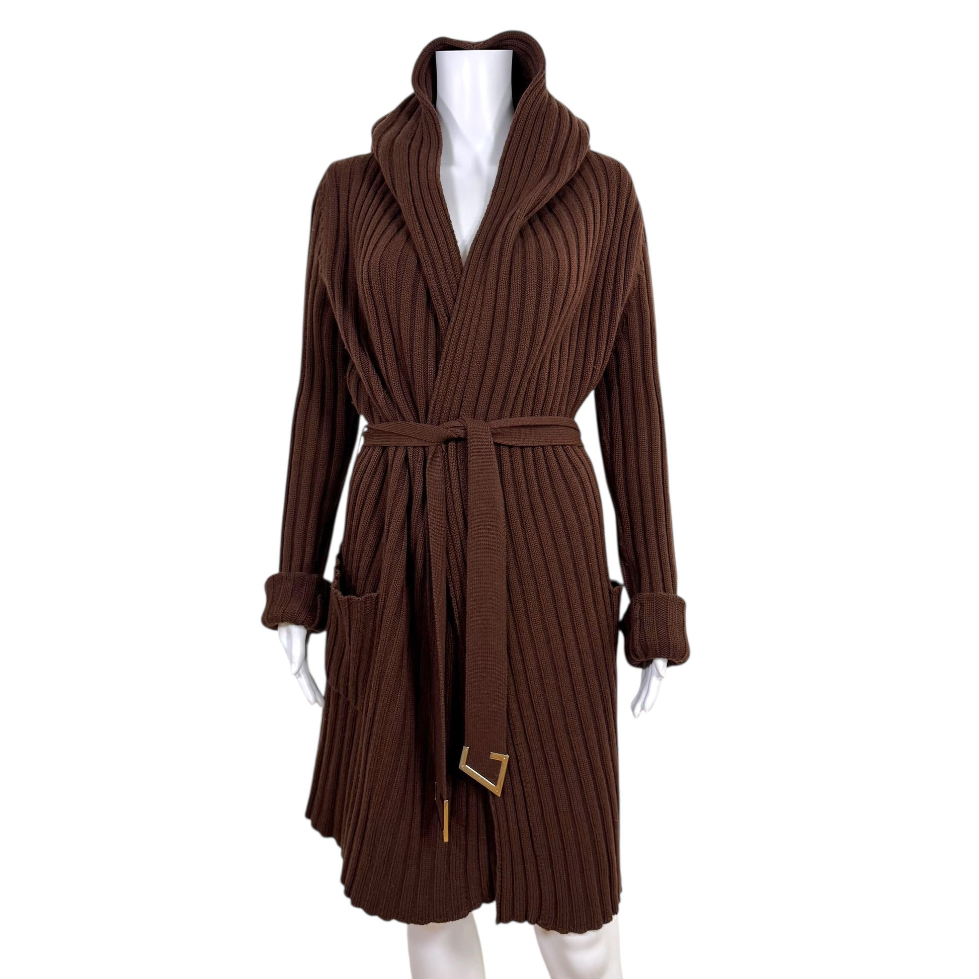 Gucci Brown Cashmere Knit Longline Hooded Wrap Cardigan - Outfit Repeater