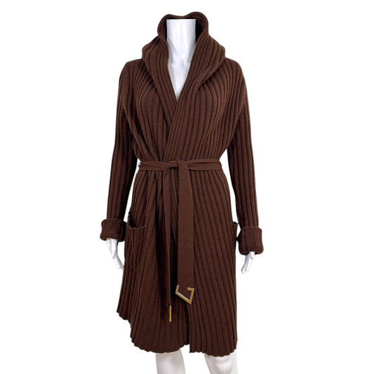 Gucci Brown Cashmere Knit Longline Hooded Wrap Cardigan - Outfit Repeater