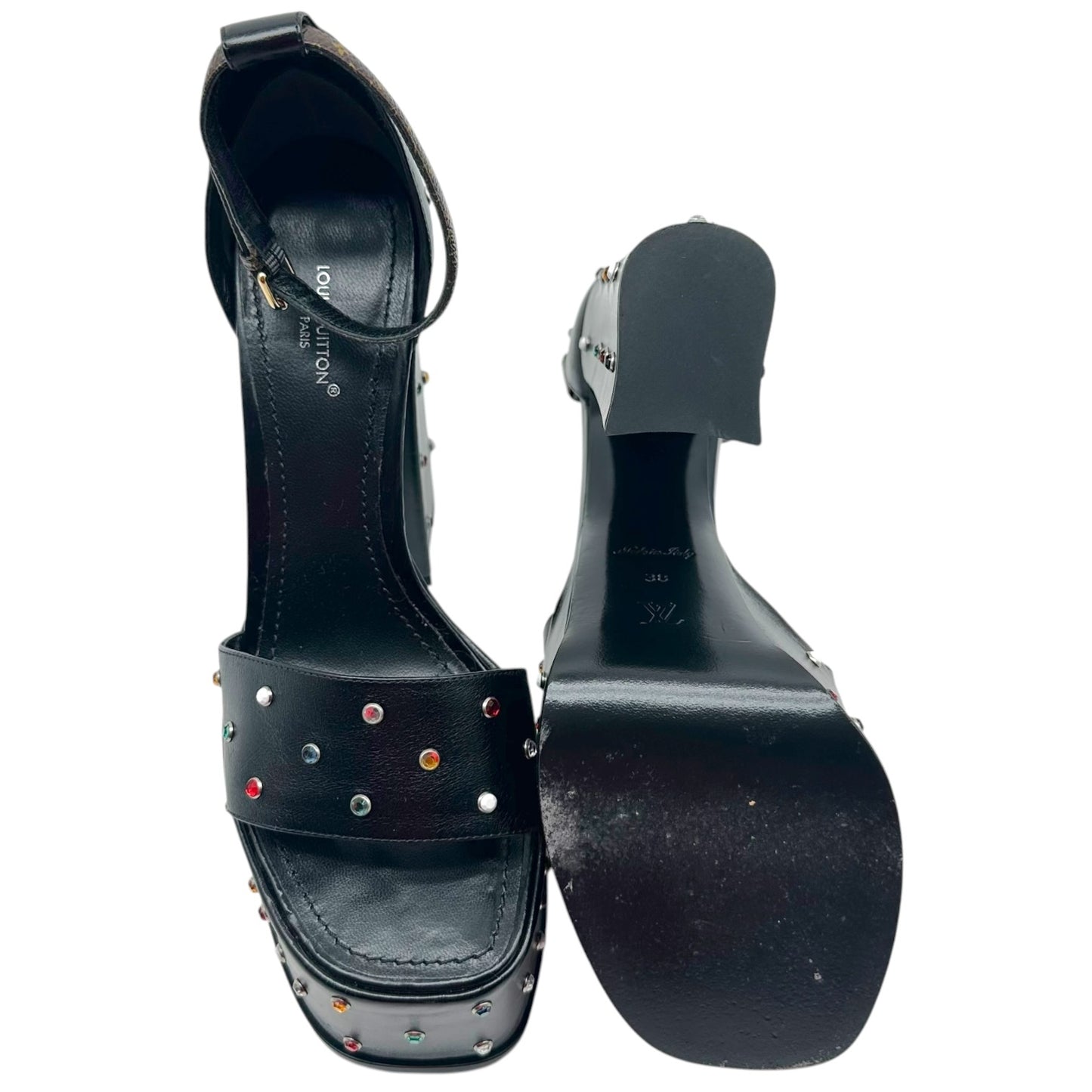 Louis Vuitton 2023 Multicolor Rhinestone Studded Black Leather Platform Sandals