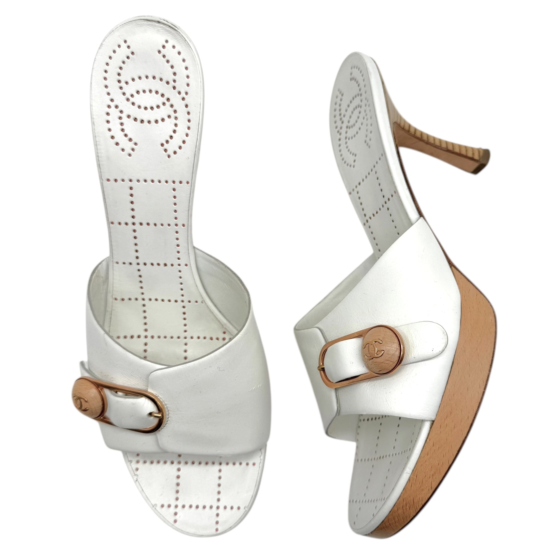 Chanel White Leather Platform Mule Heels with Safety Pin