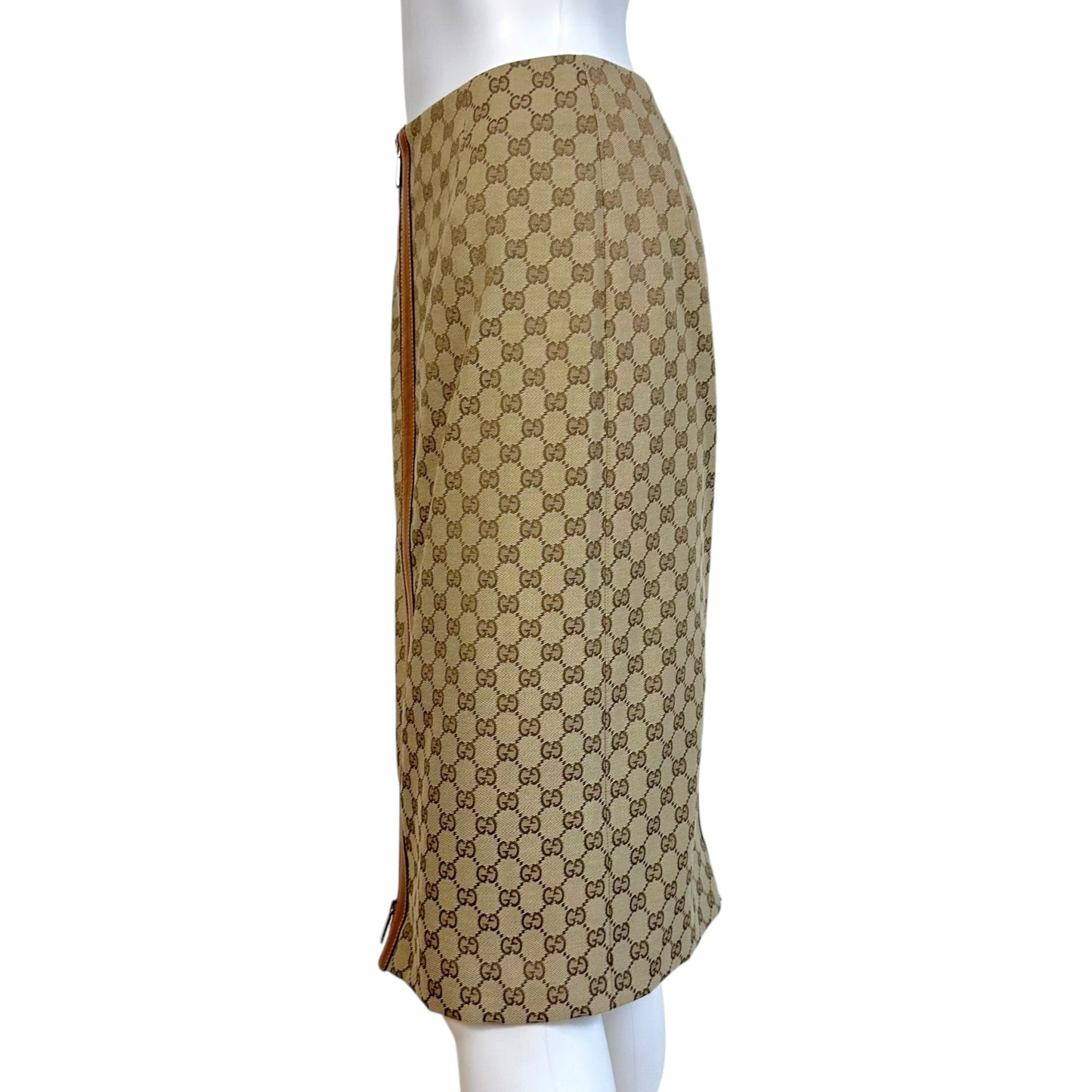 Gucci by Tom Ford 2000 Tan Monogram & Leather Midi Skirt