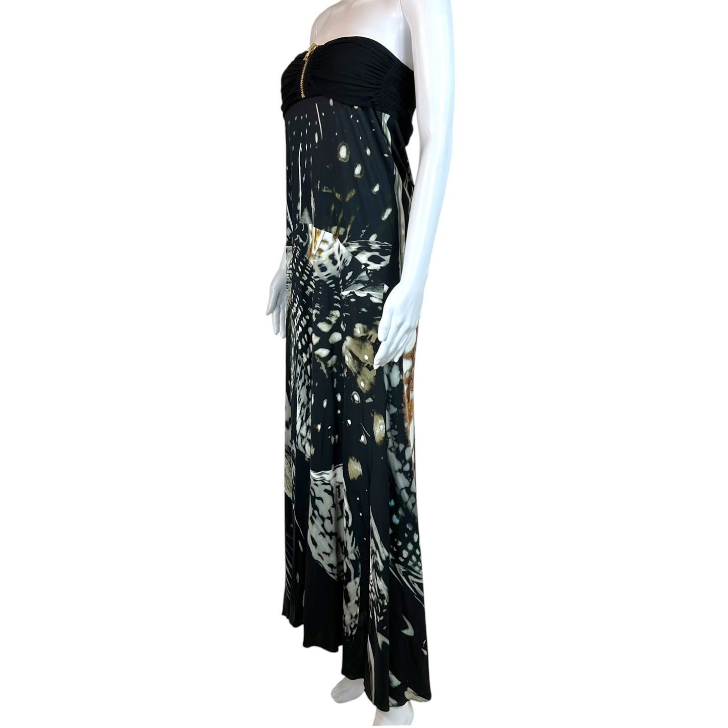 Roberto Cavalli Strapless Maxi Dress Black Ivory Feather Print