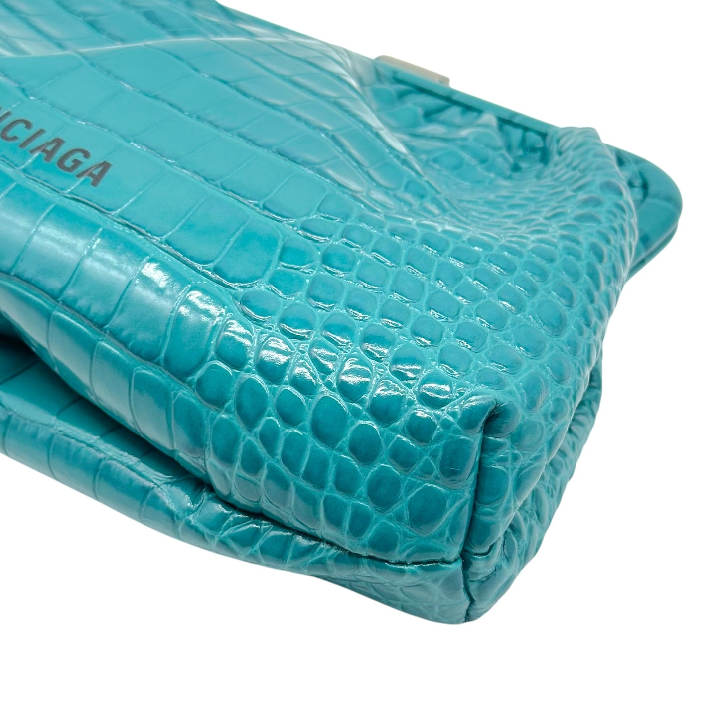 Balenciaga Turquoise Blue Croc Embossed Kisslock Shoulder Bag