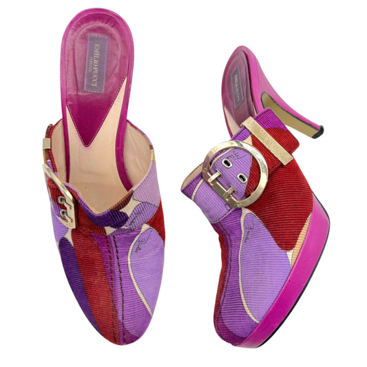 Emilio Pucci Purple Printed Corduroy Platform Clog Heels