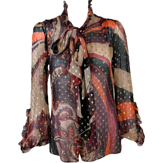 Emilio Pucci Metallic Pink Printed Silk Tie Blouse