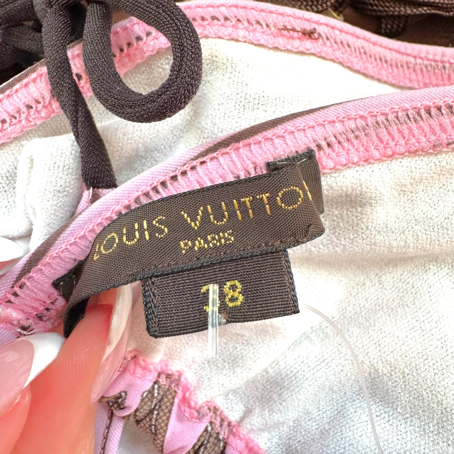 Louis Vuitton Pink & Brown Trunk Print Triangle Tie Bikini Set