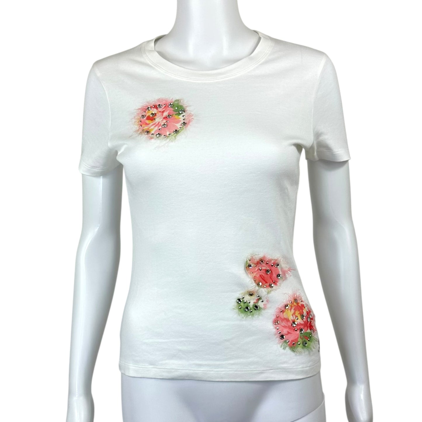 Christian Dior S/S 2005 White & Pink Rhinestone & Floral Embellished T-Shirt