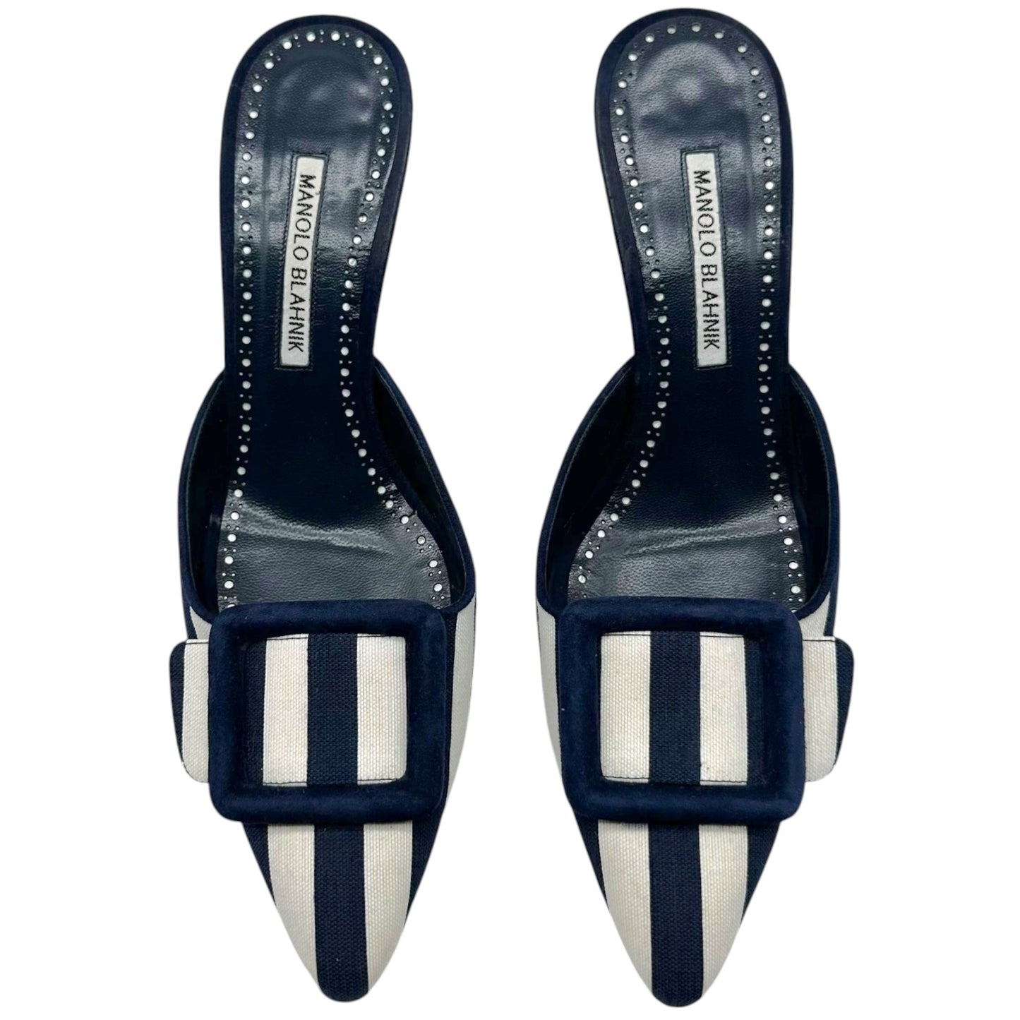 Manolo Blahnik Navy White Striped Mule Heels