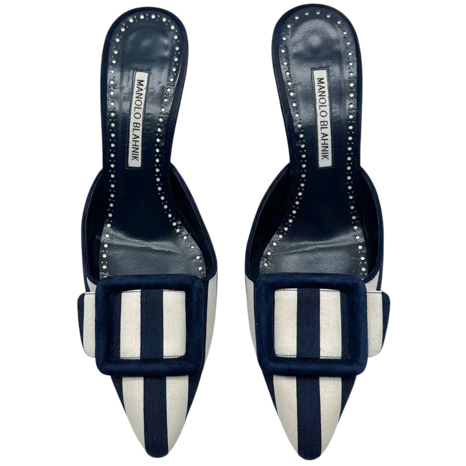 Manolo Blahnik Navy White Striped Mule Heels