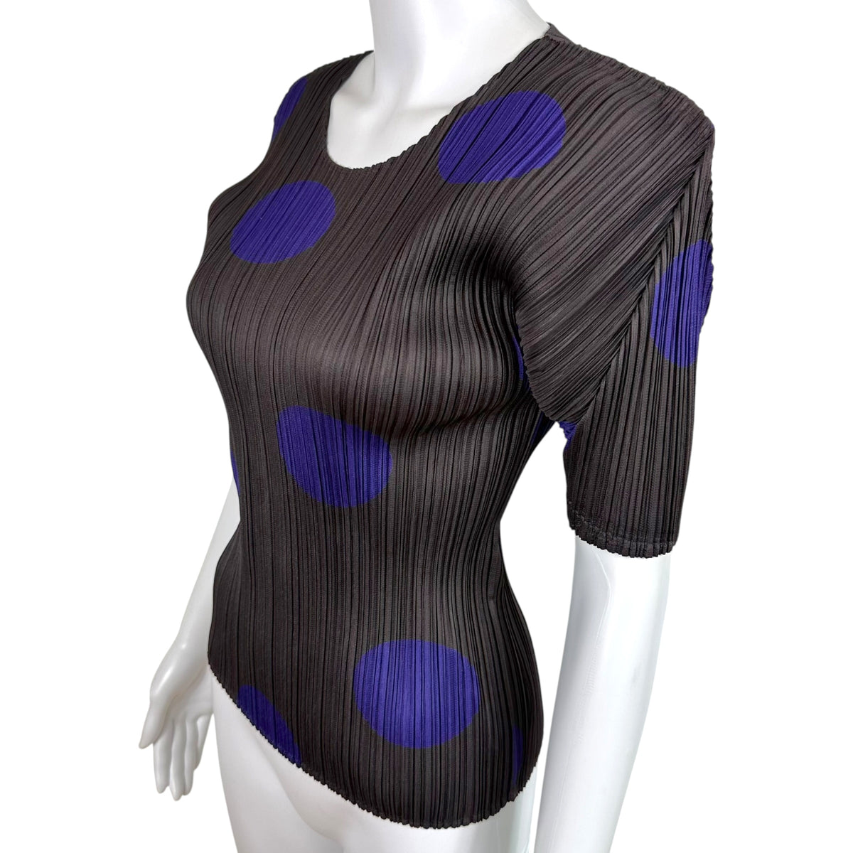 Issey Miyake Pleats Please Brown & Purple Polka Dot Print Short Sleeve Pleated Blouse Sz 3