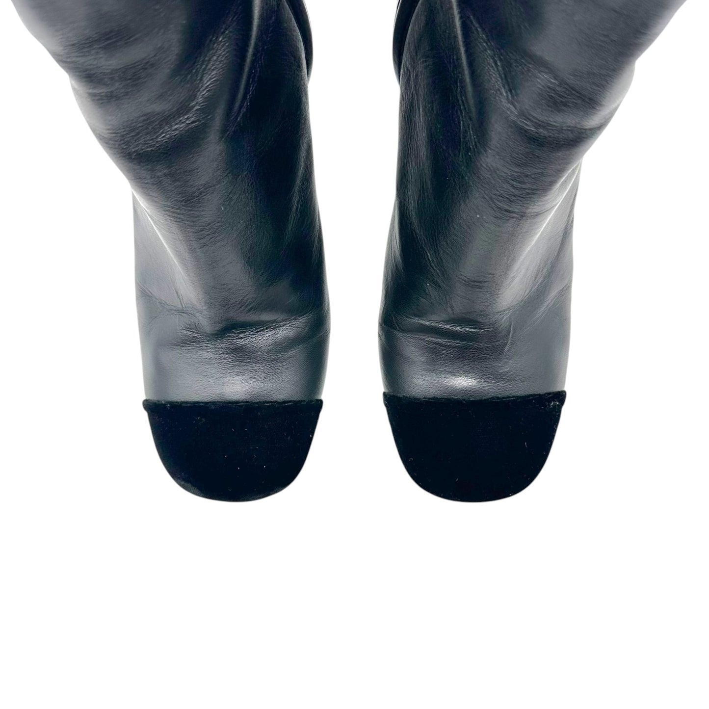 Chanel Black Leather Suede Knee High Wedge Boots