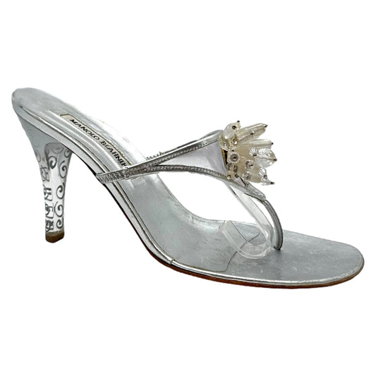 Manolo Blahnik Silver Beaded Flip Flop Heels