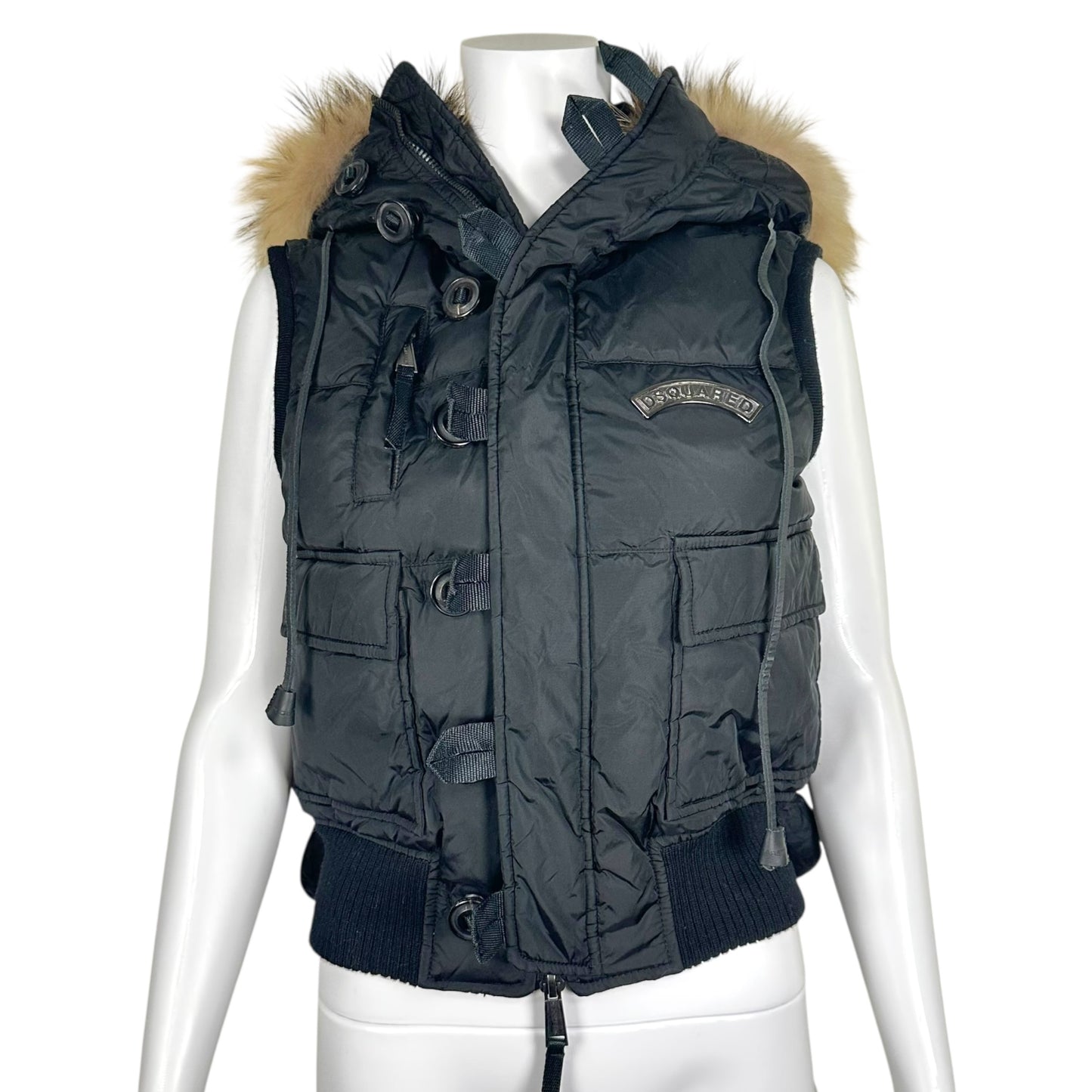 Dsquared2 Black Down-Fill Puffer Vest with Coyote Fur Hood