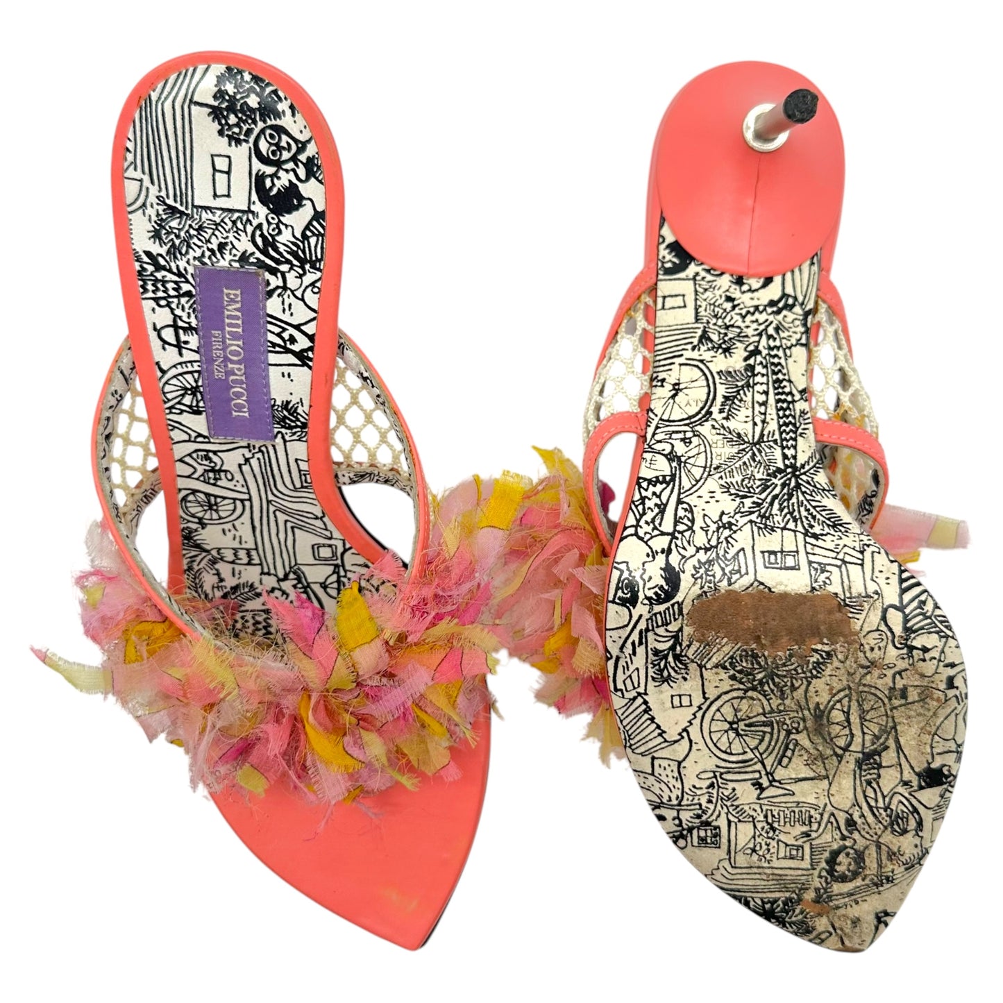 Emilio Pucci Light Pink & Yellow Silk Fringe Trim Heeled Flip Flops
