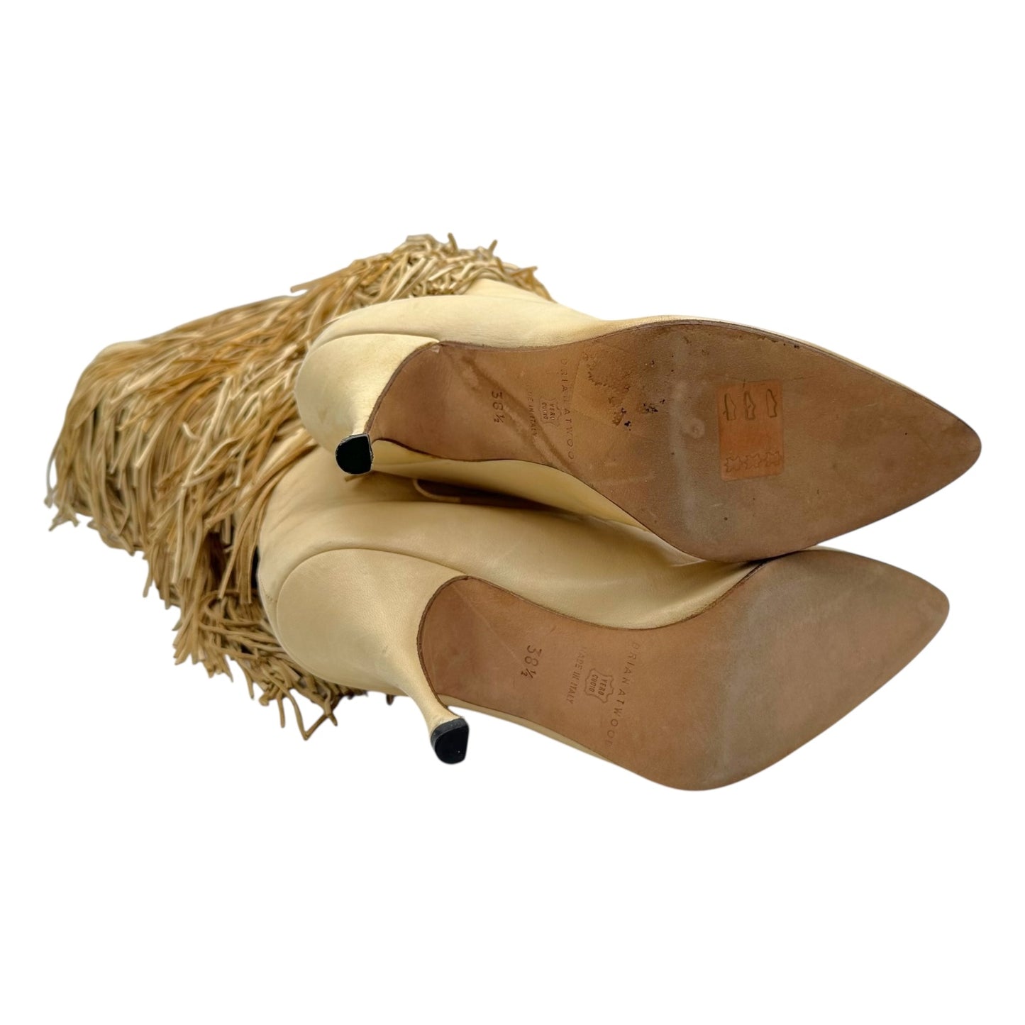 Brian Atwood Beige Leather Fringe Trim Heeled Boots