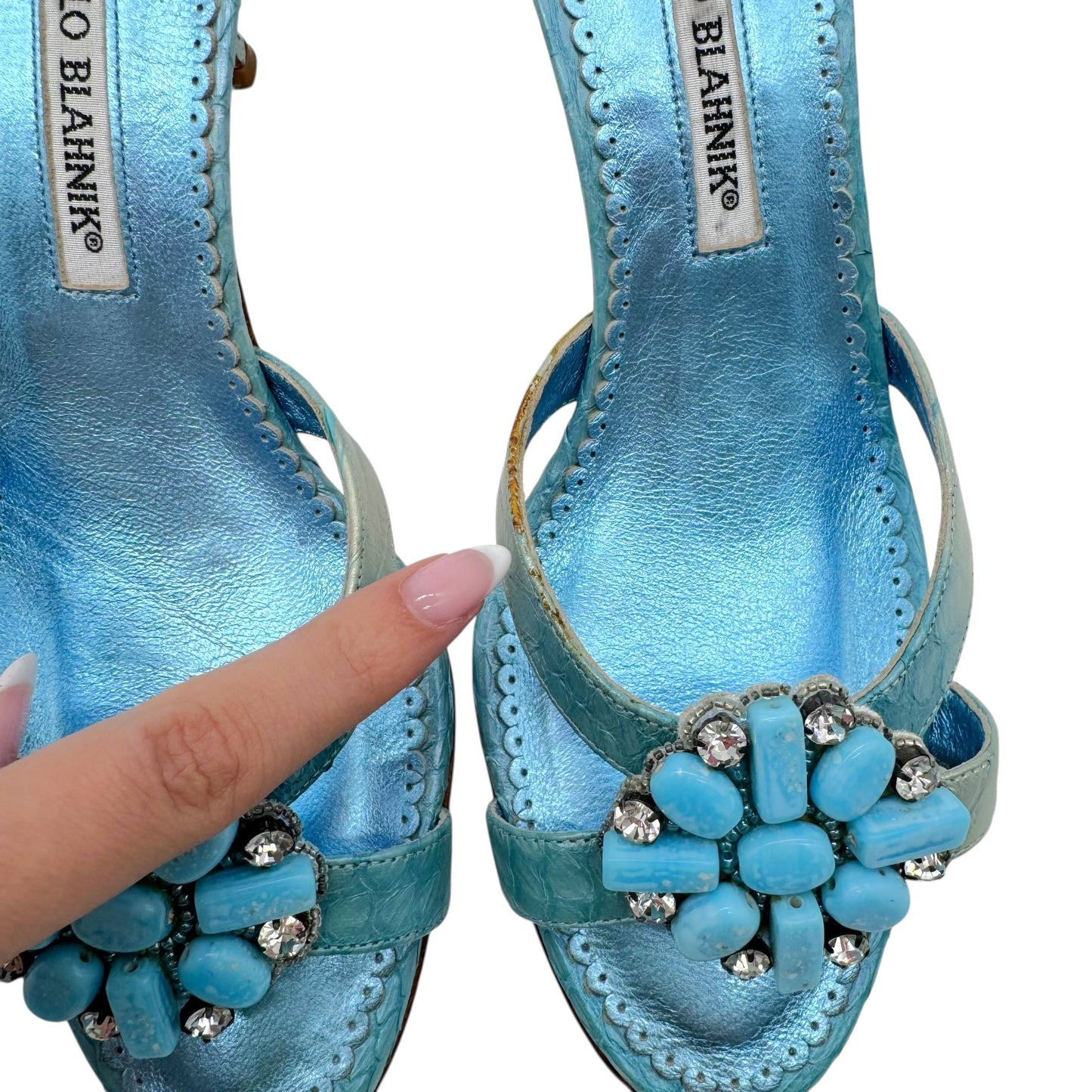 Manolo Blahnik Blue Beaded Kitten Heel Mule Sandals - Outfit Repeater