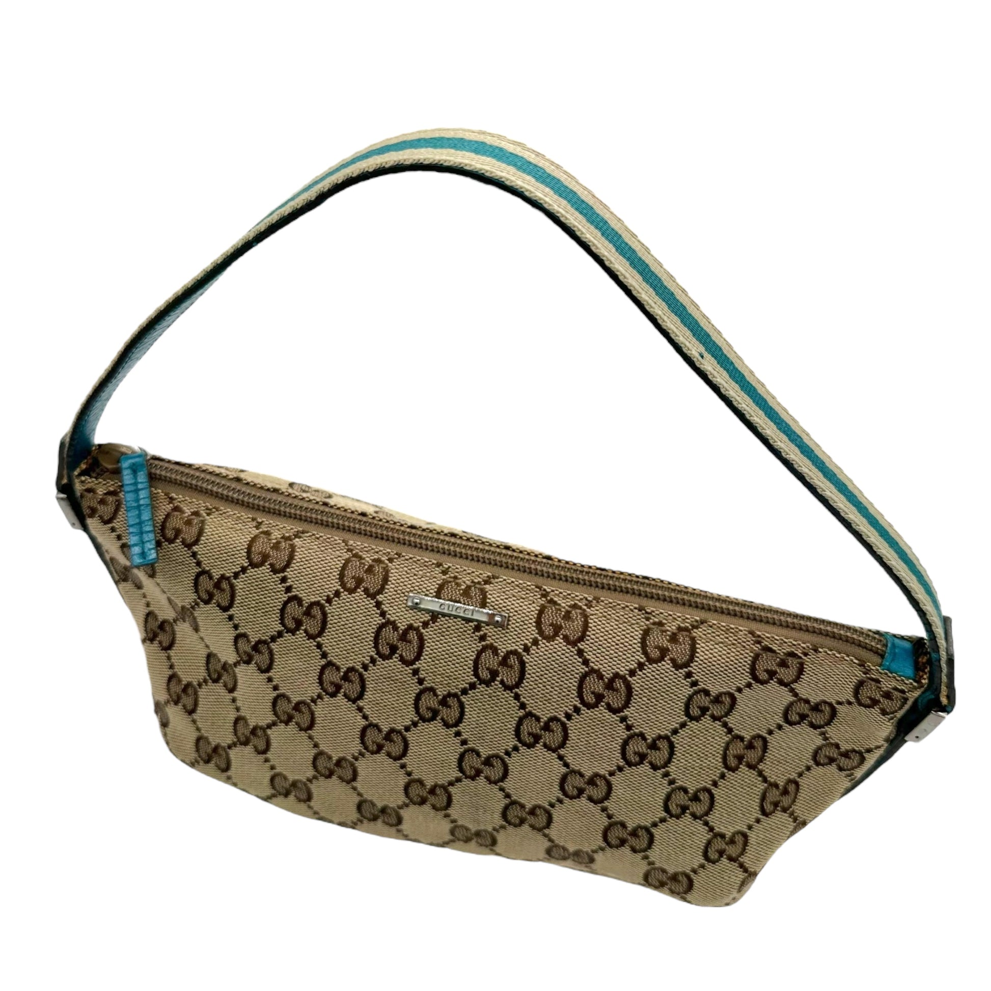 Gucci Tan Monogram & Teal Trim Pochette Bag - Outfit Repeater