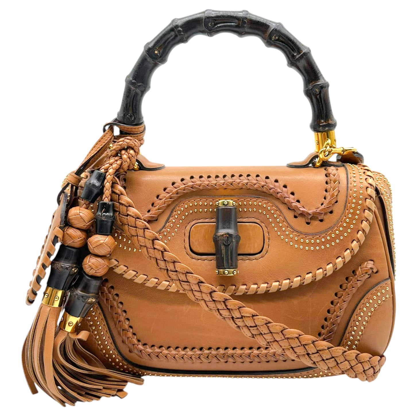 Gucci Brown Leather Whipstitch Fringe 2-Way Bag