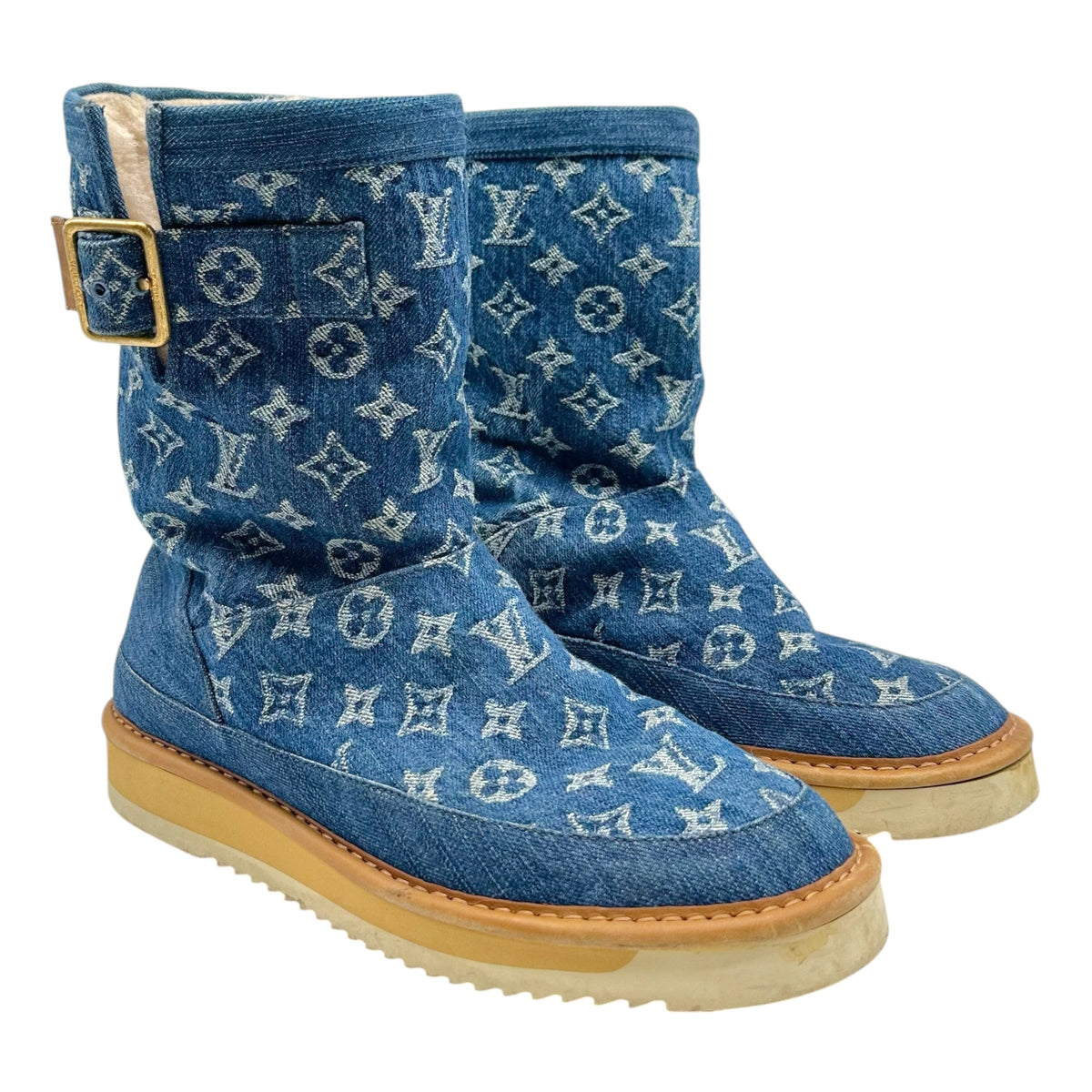 Louis Vuitton Blue Denim Monogram Shearling Boots