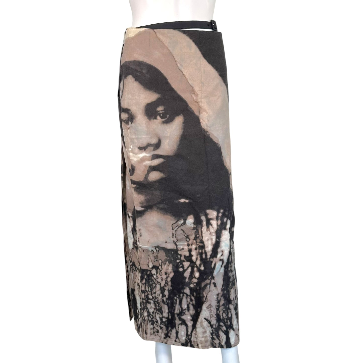 Jean Paul Gaultier Gray & Black Face Print Midi Wrap Skirt