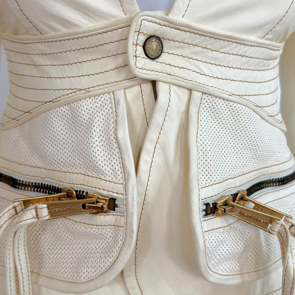 Dsquared2 White 3/4 Sleeve Contrast Stitch Leather Blazer Jacket