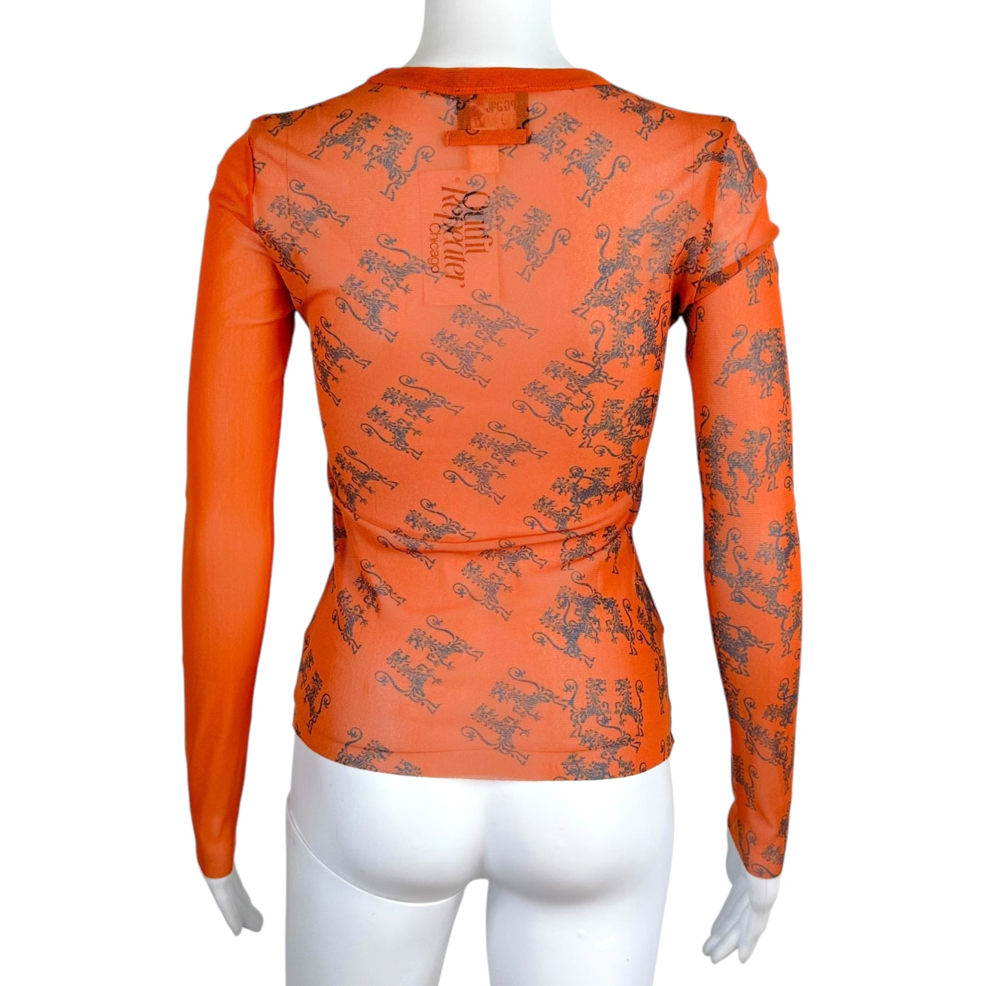 Jean Paul Gaultier Orange Tribal Printed Mesh Longsleeve Top