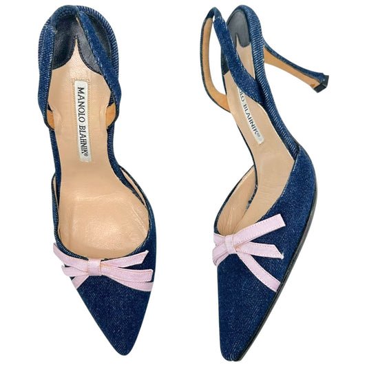 Manolo Blahnik Denim & Pink Bow Slingback Heels