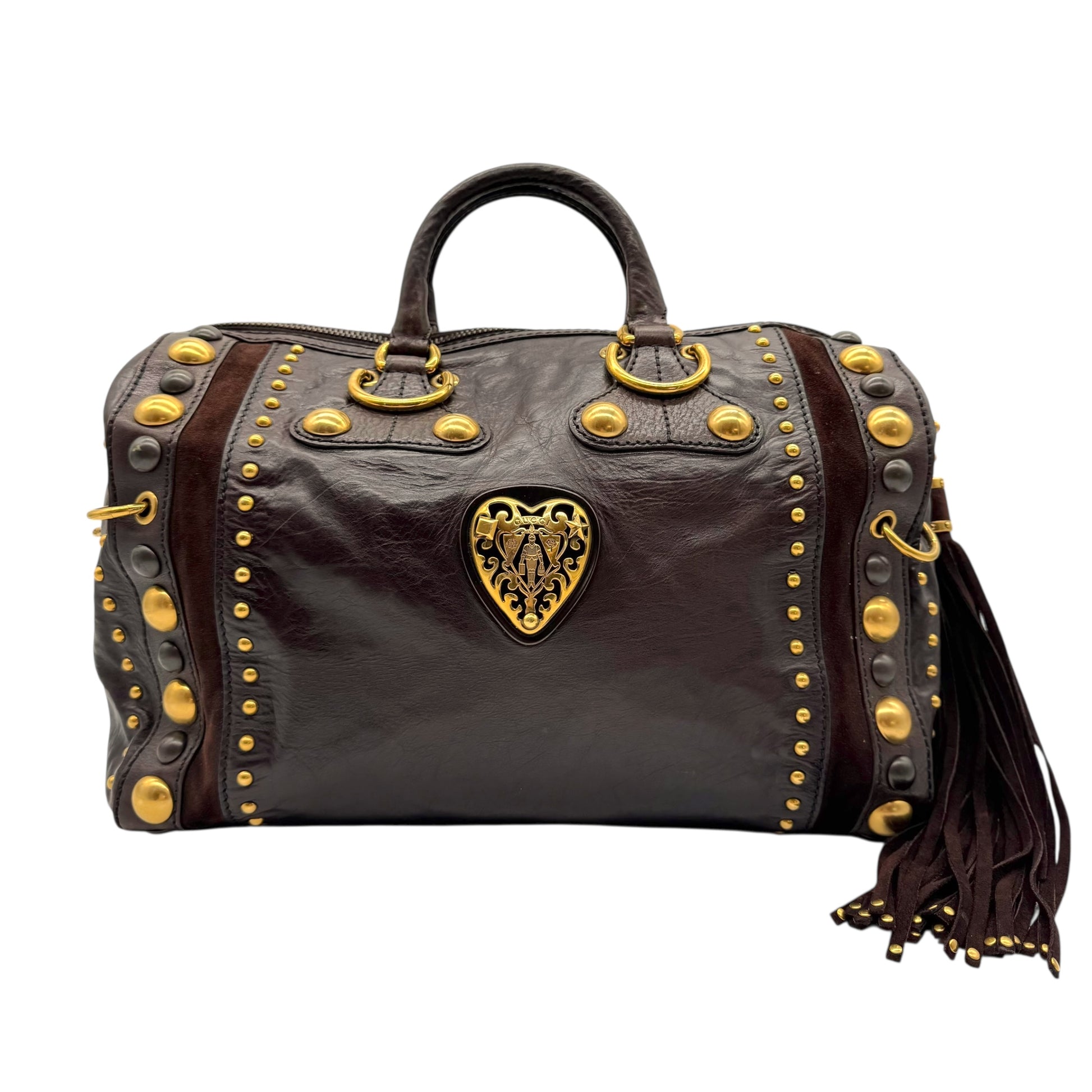 Gucci Babouska Brown Leather & Suede Studded Boston Bag - Outfit Repeater