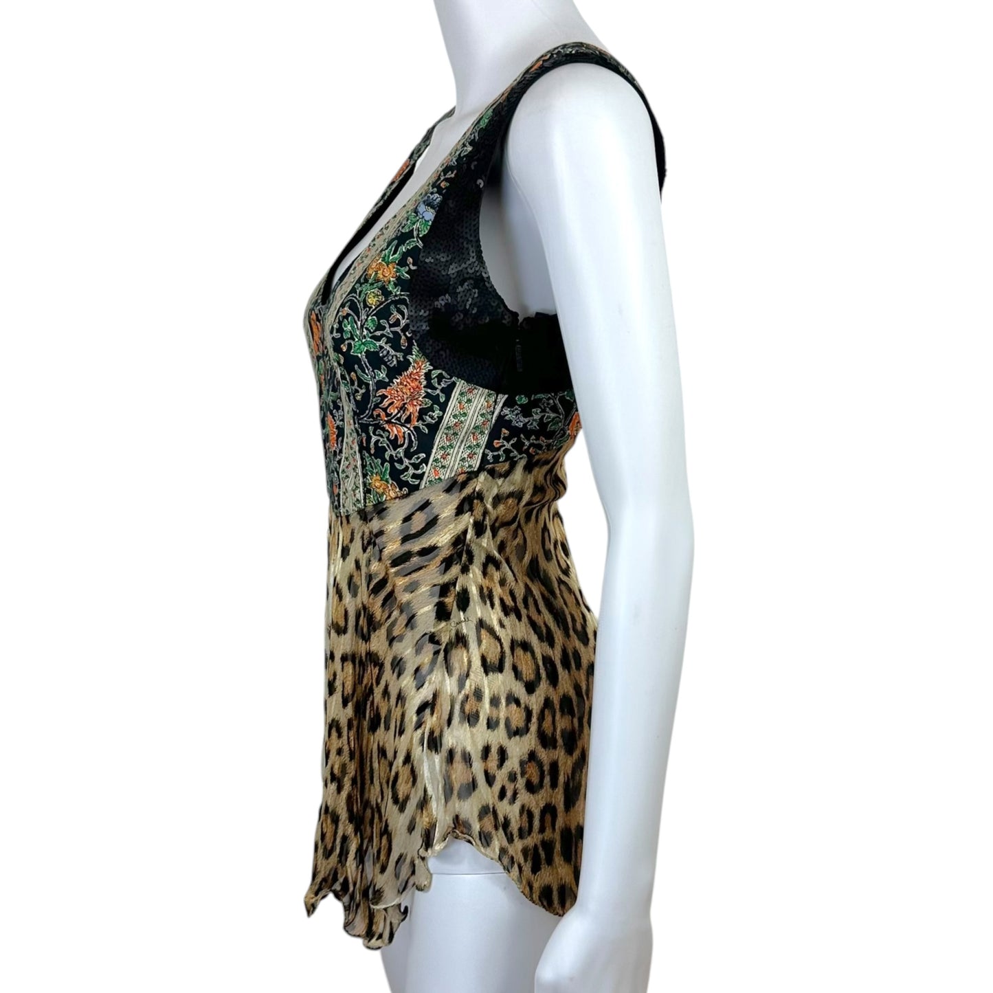 Roberto Cavalli Leopard Print Silk Floral & Sequin Sleeveless Blouse Top