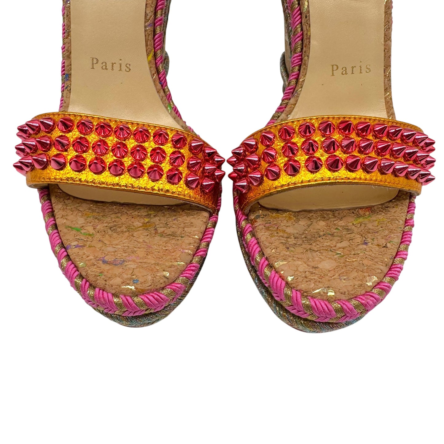 Christian Louboutin Cork Wedge Sandals Pink Gold Spike