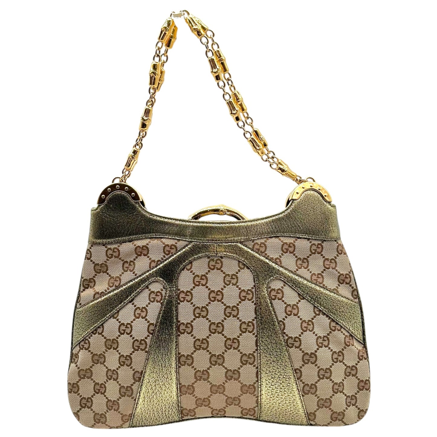 Gucci Shoulder Bag Tan Monogram Gold Bamboo Accents