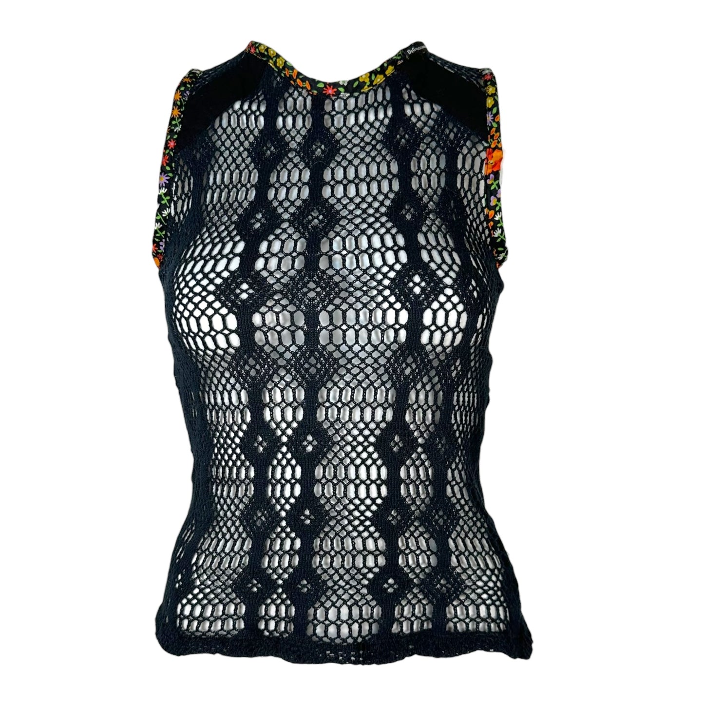Dolce & Gabbana Black Sheer Crochet Tank Top Floral Trim