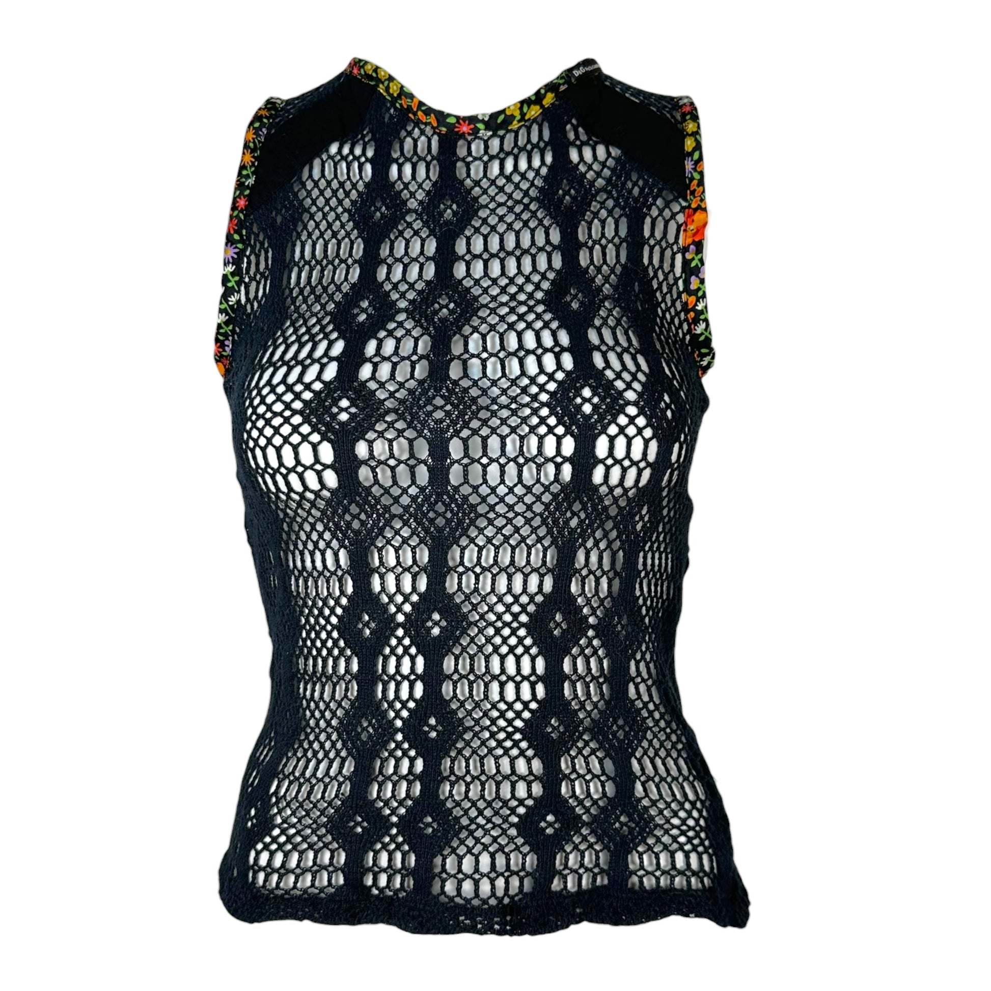 Dolce & Gabbana Black Sheer Crochet Tank Top Floral Trim