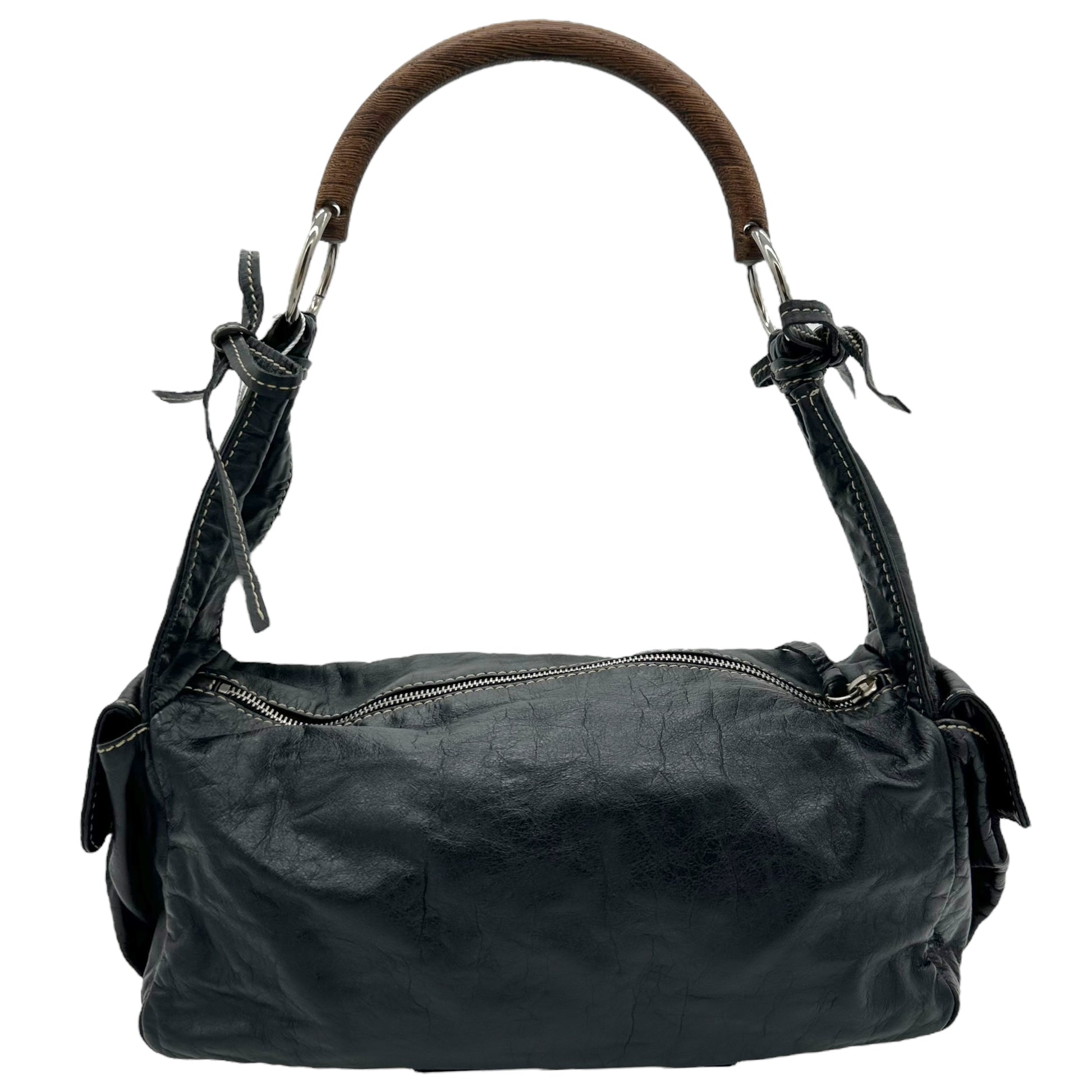 Miu Miu Black Leather & Wooden Handle Shoulder Bag - Outfit Repeater