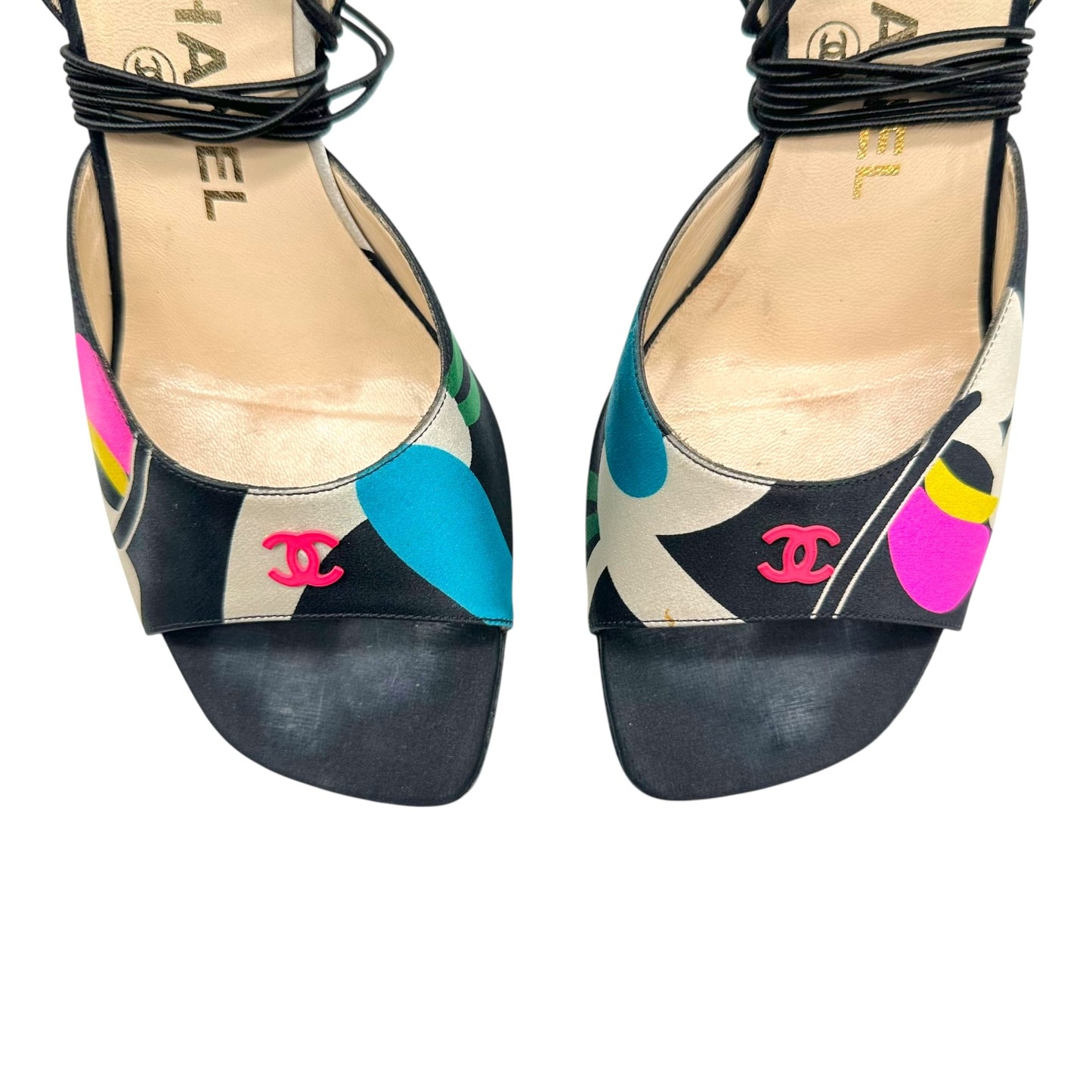 Chanel Multicolor Printed Silk Wrap Sandal Heels
