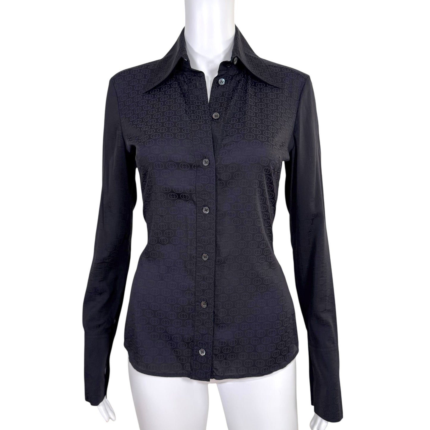 Gucci by Tom Ford F/W 2003 Black Logo Monogram Button Up Blouse - Outfit Repeater