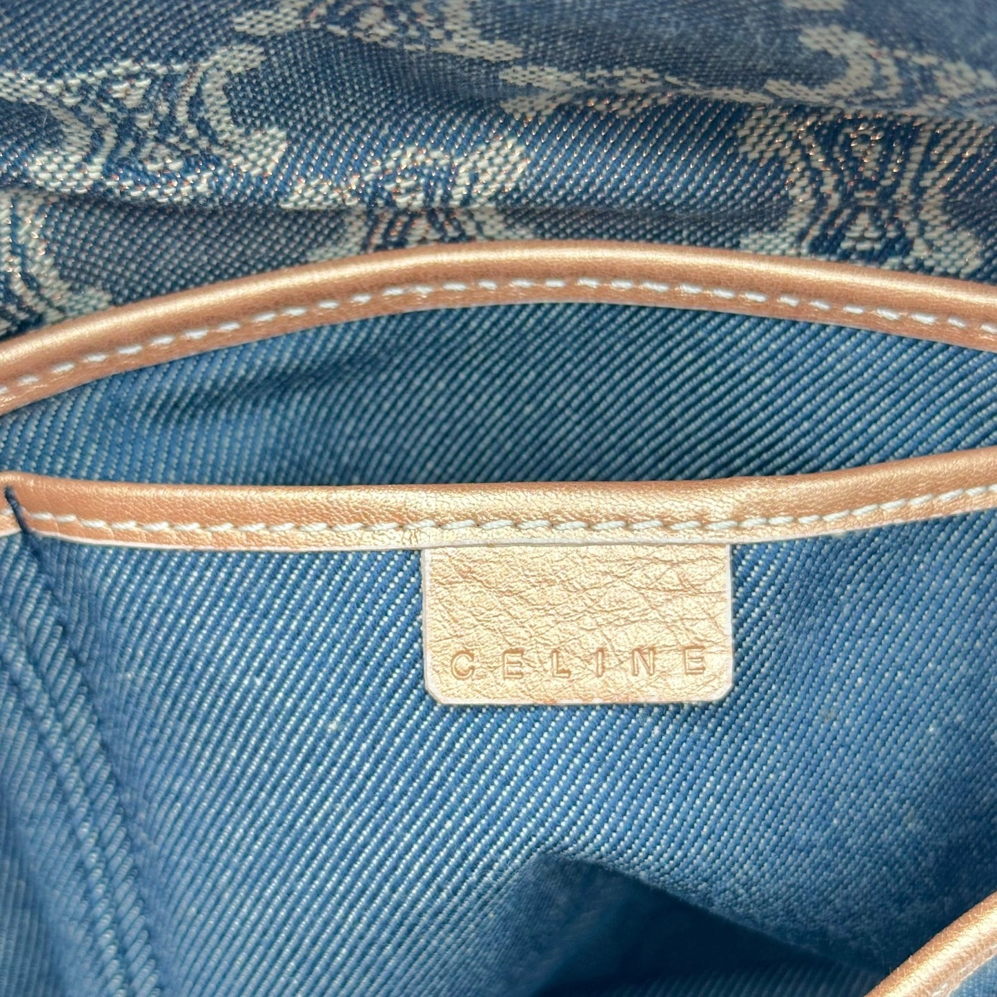 Celine Triomphe Monogram Metallic Denim Chain Embellished Shoulder Bag