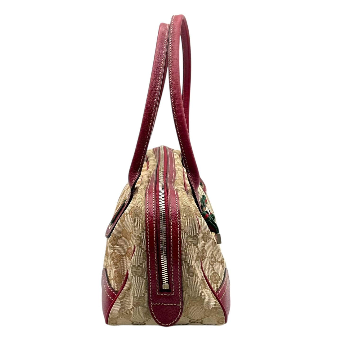 Gucci Tan Monogram & Burgundy Leather Bowler Bag